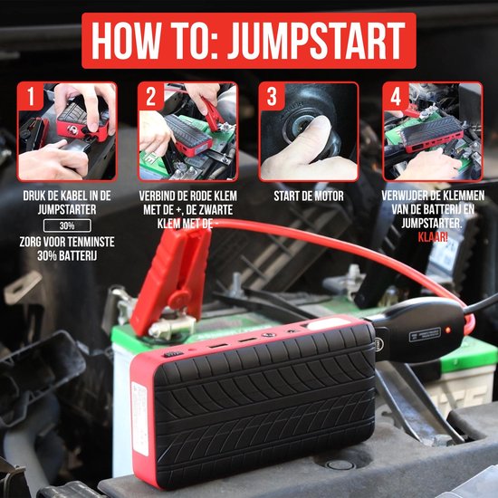 Strex 12V Jumpstarter voor Auto - 1000A / 18.000 mAh - 4-in-1 Starthulp met Powerbank, LED Zaklamp en SOS Noodlicht - In Opbergkoffer - Strex