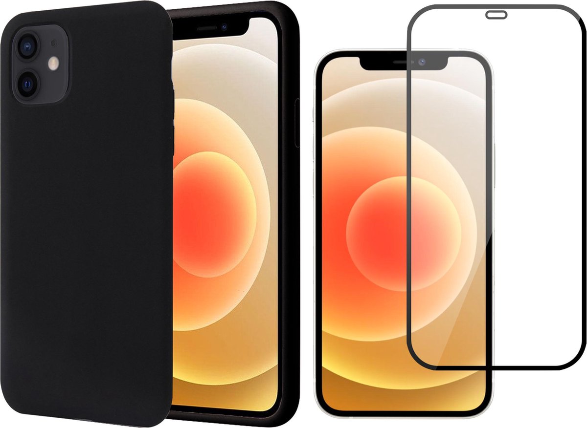 Hoesje geschikt voor iPhone 12 - Screenprotector FullGuard - Zwart Liquid Siliconen Case