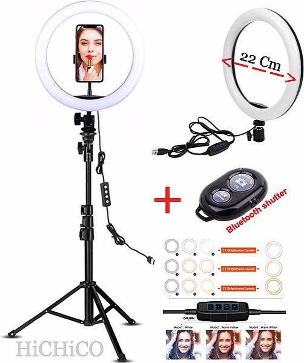 Selfie Ring Light 20 Cm met Tripod Camera Statief 210 CM Inclusief Bluetooth shutter – HiCHiCO - HiCHiCO