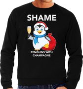 Pinguin Kerstsweater / Kersttrui Shame penguins with champagne zwart voor heren - Kerstkleding / Christmas outfit M