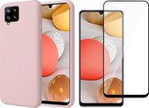 Hoesje geschikt voor Samsung A42 en Screenprotector - Liquid Siliconen Case Cover Hoes Roze + Screen Protector Glas Full