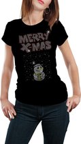 Kerst T-shirt Dames Merry Xmas Sneeuwpop en sneeuw – Maat XL - Zwart