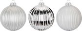 Set van 3 - Stijlvolle Glazen Kerstballen Zilver en Wit - 8 cm