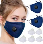 3 stuks Herbruikbare Mondkapje - Valve mondmasker Blauw met 6 stuks vervangbaar  filters