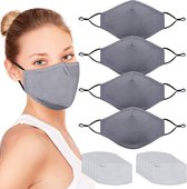 Mondkapje met filter 5 stuks Herbruikbaar gezichtsmasker met filter - Ademend, wasbaar en verstelbaar gezichtsmasker - PLUS x20 PM2.5-filters - Unisex (grijs)