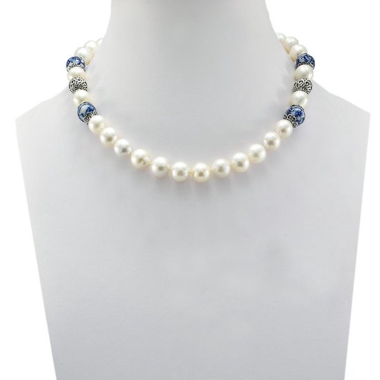 Collier de perles de Proud Pearls ® avec grosses perles AAA, argent et porcelaine bleue de Delft