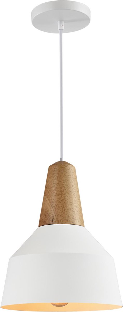 QUVIO Hanglamp modern / Plafondlamp / Sfeerlamp / Leeslamp / Eettafellamp / Verlichting / Slaapkamer lamp / Slaapkamer verlichting / Keukenverlichting / Keukenlamp - Metaal en houten kop - Diameter 23 cm - Wit en bruin