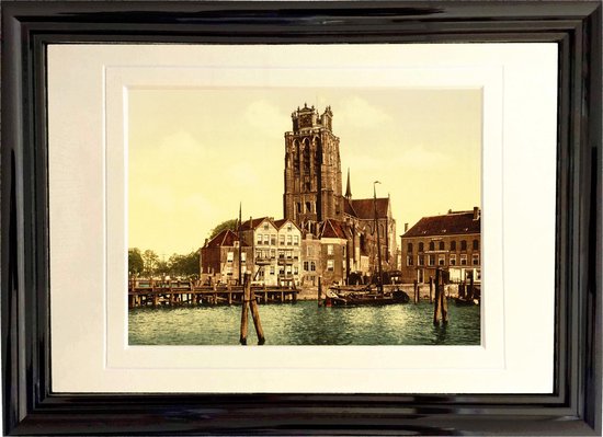 Oud Stadsgezicht Dordrecht - Kerk en Haven - Foto Print Wanddecoratie Lijst - 30x20 cm - Holland van Vroeger