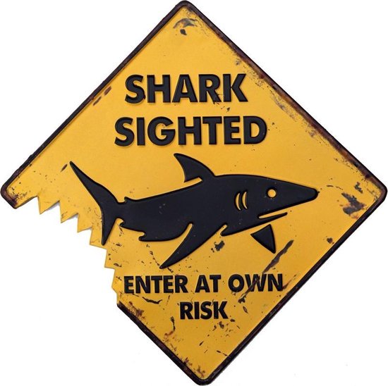Signs-USA - Danger Shark Bite - metalen wandbord in verweerde uitvoering - 35 x 35 cm
