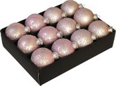 12x Glazen gedecoreerde poederroze kerstballen 7,5 cm - Luxe glazen kerstballen - kerstversiering