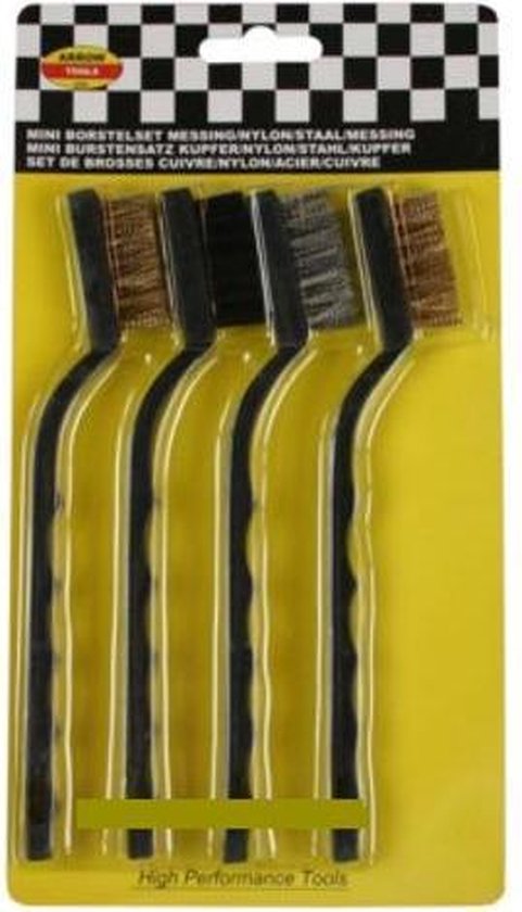 Verpakking met 4 mini borstels: messing, nylon, staal en koper.