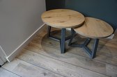 M2-Meubels Set eikenhouten salontafels met rond licht gerookt blad en industrieel onderstel