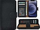 Iphone 12 Mini Hoesje - Leder Bookcase - Iphone 12 Mini Book Case Wallet Echt Leer Croco Zwart Cover