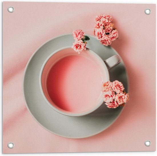 Tuinposter – Roze Tafelkleed, Drank en bloemetjes - 50x50cm Foto op Tuinposter  (wanddecoratie voor buiten en binnen)