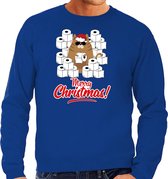 Foute Kerstsweater / Kersttrui met hamsterende kat Merry Christmas blauw voor heren- Kerstkleding / Christmas outfit S