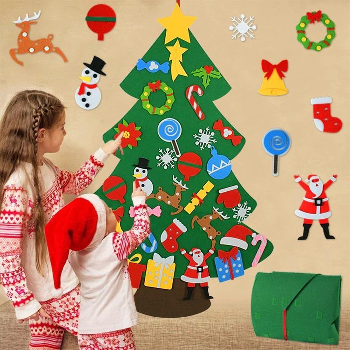 SIMEIXI Vilten kerstboom, kerstboom met 32 stuks afneembare hangende ornamenten, doe-het-zelf kerstboomdecoratie, hangende decoratie, voor kinderen