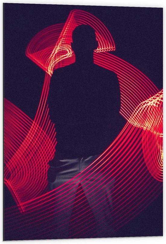 Dibond - Abstracte Rode Lichtgevende Strepen met Mensen Silhouette  - 60x90cm Foto op Aluminium (Wanddecoratie van metaal)