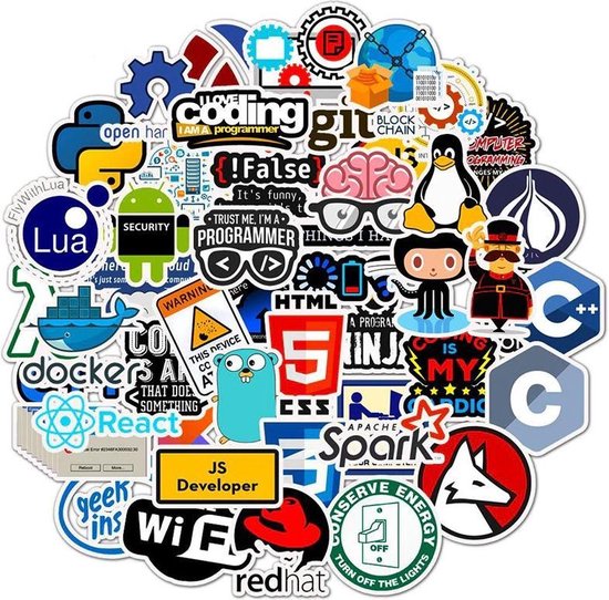 Laptopstickers voor programmeurs, hackers en computers nerds - 50 stickers met grappige codeer teksten, software logo's etc - Merkloos