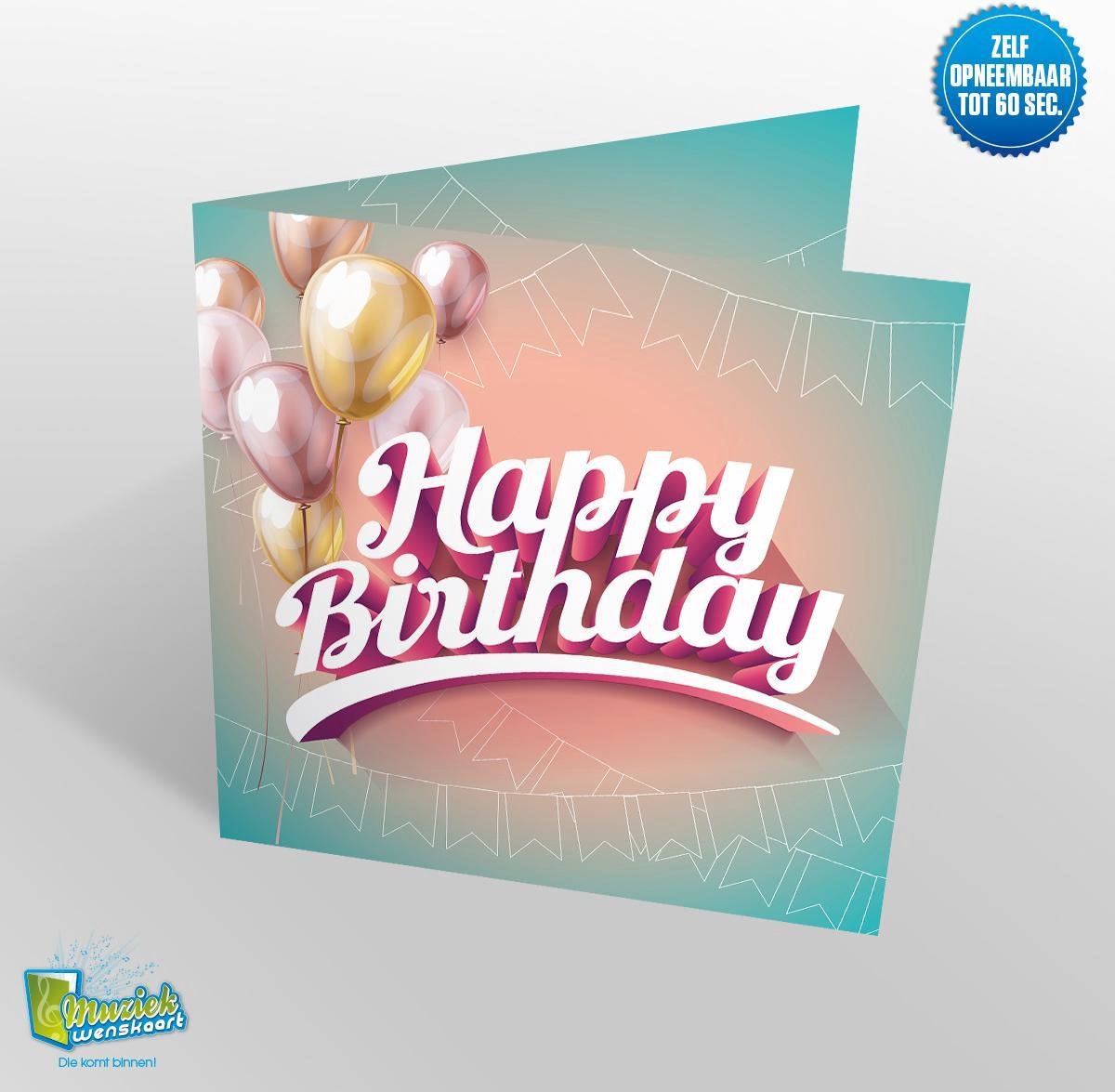 Muziekwenskaart - Happy Birthday – zelf opneembaar – 60 seconden – 21x21cm – hoge kwaliteit – inclusief envelop