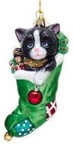 Kurt S. Adler Kerstornament - zwart kat in kerstsok - glas - zwart groen - 13cm