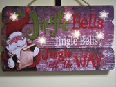 Houten wandbord met LED verlichting - Kerst schilderij - Tekstbord van hout - Kerstman Jingle Bells - 6 x LED - 40 x 23 x 2,2 cm - B/O - Kerstdecoratie
