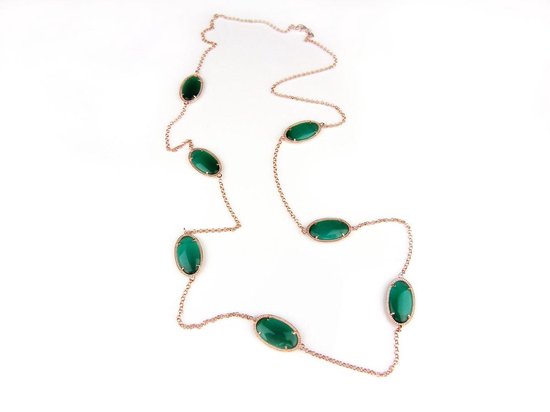 Zilveren halsketting halssnoer collier roos goud verguld Model Oval met groene stenen