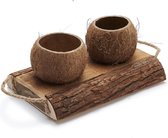 Kokosnoot plantenbakje/bloempot - 2 Kokosnoten op hout  - L20xB33xH13 cm