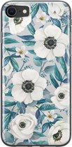 iPhone SE 2020 hoesje siliconen - Witte bloemen - Soft Case Telefoonhoesje - Bloemen - Transparant, Blauw
