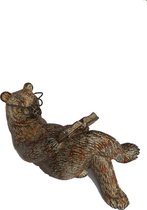 Dierenbeeldje - Liggende beer met boek en bril - 16cm