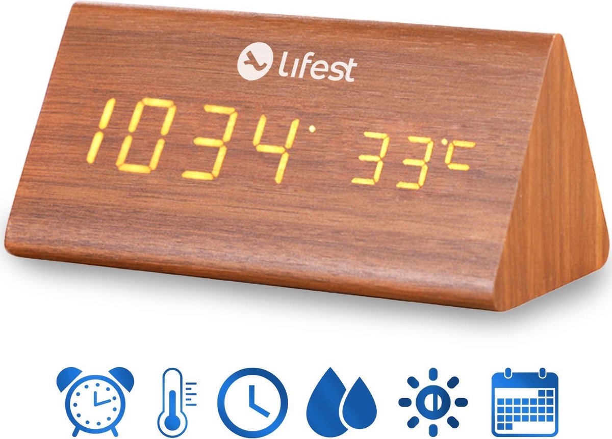 Lifest Digitale Houten Wekker - Temperatuur / Tijd / Datum / Vochtigheid - op Batterijen of Netsnoer (USB)