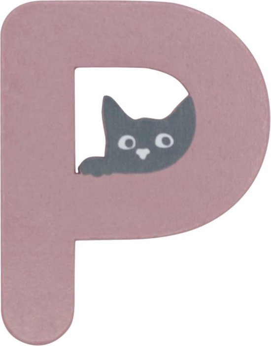Houten Letter P Roze met Kat | 9 cm