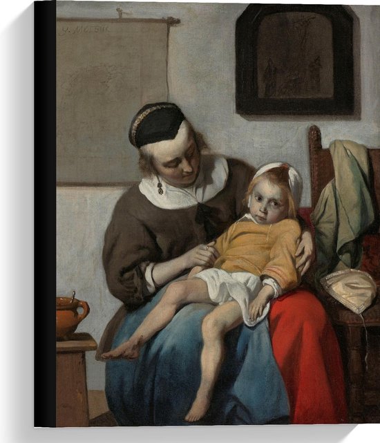 Canvas  - Oude meesters - Het zieke kind, Gabriël Metsu, ca. 1664 - ca. 1666 - 30x40cm Foto op Canvas Schilderij (Wanddecoratie op Canvas)