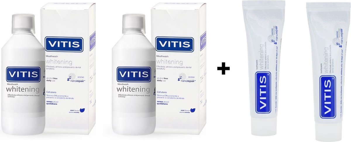 Goedkoopste 2x Vitis Whitening Mondspoelmiddel 2x Vitis Whitening Tandpasta - Voordeelpakket