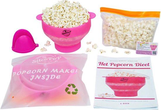 SilcoPoP 4in1 Popcorn Maker Bundle Roze - Siliconen Popcorn Popper Simpel & Opvouwbaar
