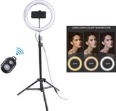 LED Ringlamp met Statief - Telefoonhouder - Bluetooth Afstandsbediening | 10inch/26cm ringlamp | Verstelbaar Statief (80cm-210cm) | Voor TikTok, Youtube, Vlogs, Livestream, Make-Up, Instagram