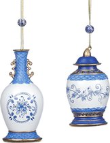 Viv! Home Luxuries Kerstornament - Delftsblauwe vaasjes - set van 2 - blauw wit - 11cm
