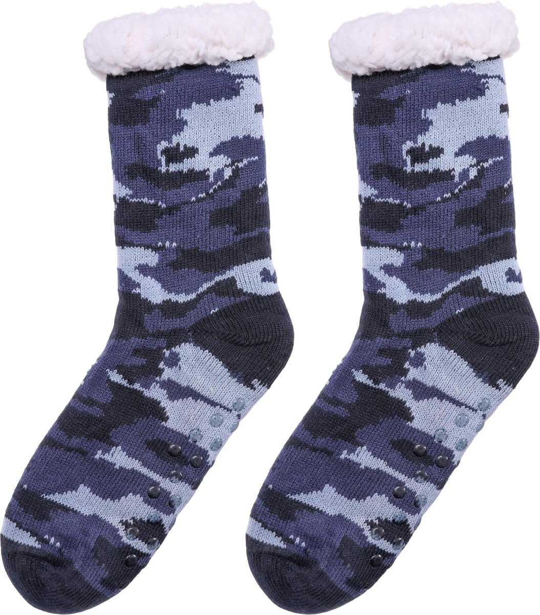 JAXY - Huissokken Dames - Verwarmde Sokken - Anti Slip Sokken - Huissokken - Bedsokken - Warme Sokken - Kerstcadeau Voor Vrouwen - Thermosokken - Dikke Sokken - Fluffy Sokken - Kerstsokken Dames en Heren - Camouflage Blauw