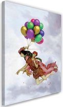 Schilderij Man en vrouw hangend aan ballonen, 2 maten