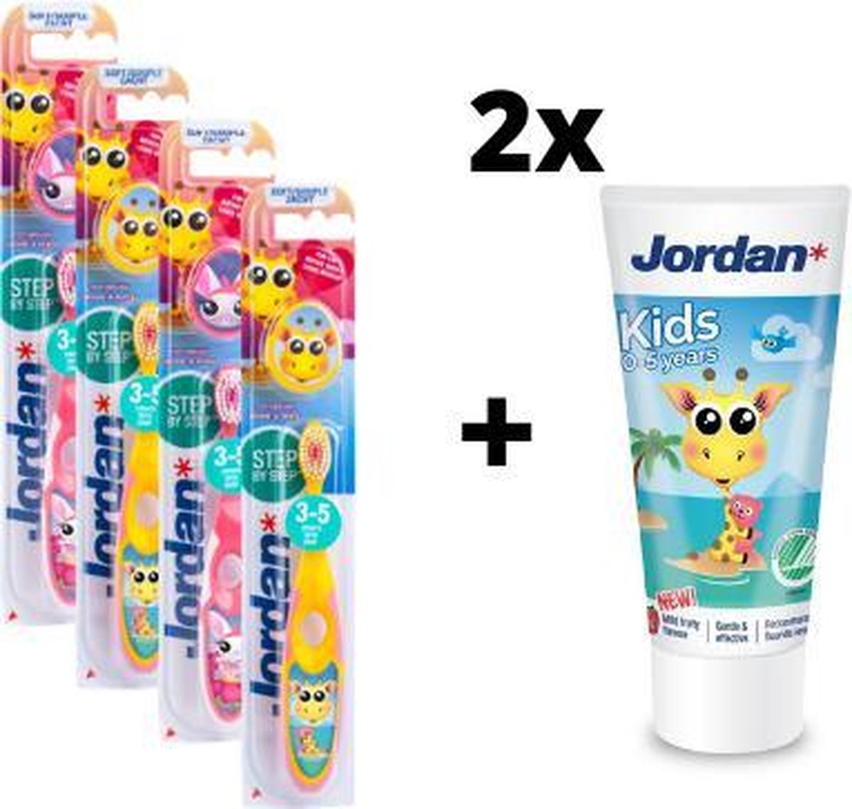 Goedkoopste Jordan Step By Step 2 - 4x Tandenborstel (3-5 jaar) Kleur Roze/Geel met 2x Jordan Tandpasta 0-5 jaar
