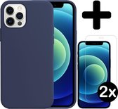 Hoes voor iPhone 12 Pro Hoesje Siliconen Case Met 2x Screenprotector Met Dichte Notch - Hoes voor iPhone 12 Pro Hoes Cover Met 2x Screenprotector - Donker Blauw