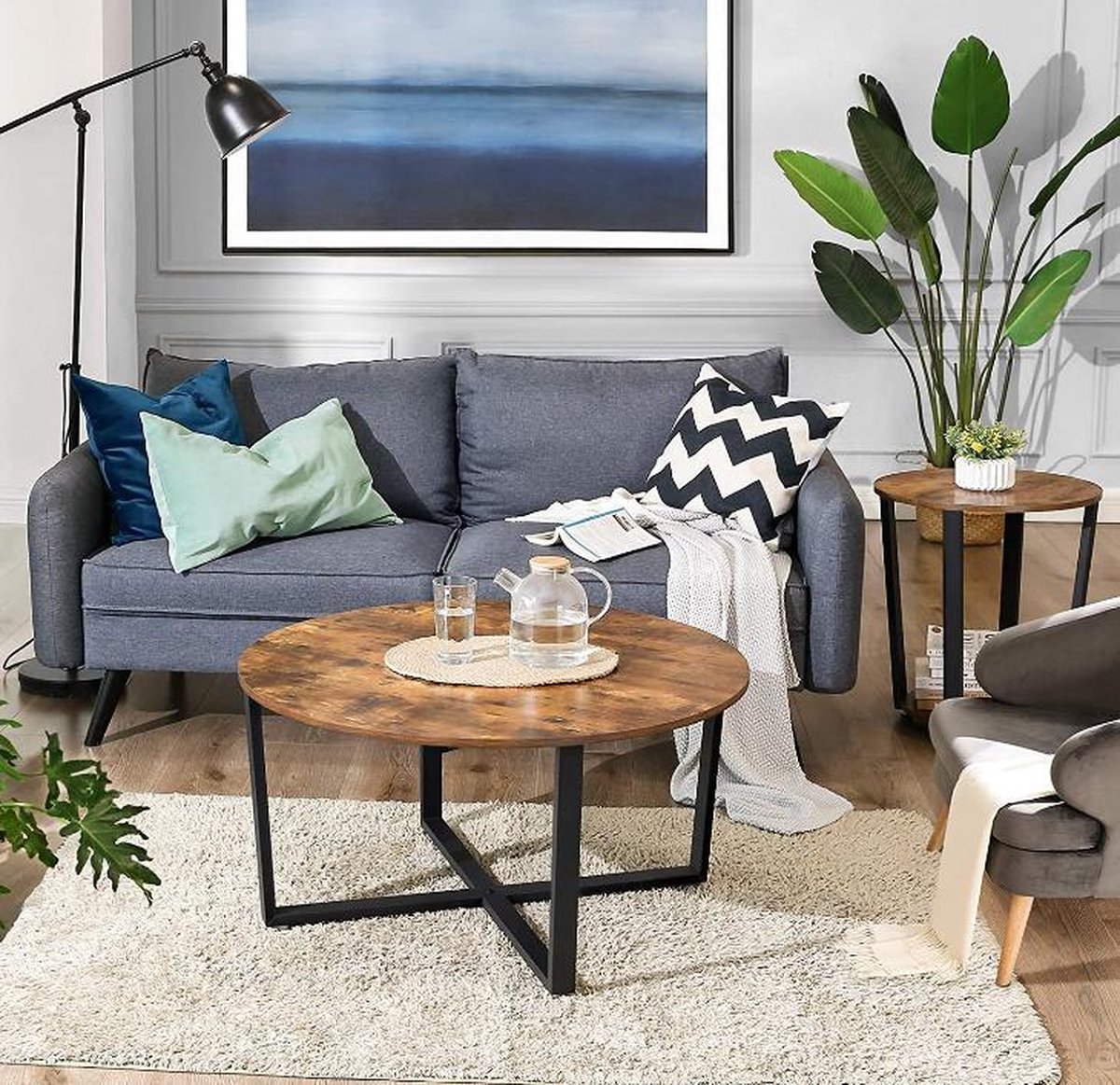 MIRA Home - Salontafel rond - Bijzettafel rond - Industrieel - Spaanplaat - Donkerbruin - 88x88x47