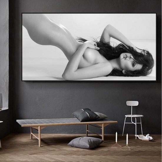Allernieuwste Canvas Schilderij Sexy Naakte Vrouw - Kunst - Body Art Model - Poster - 50 x 100 cm - Zwart Wit