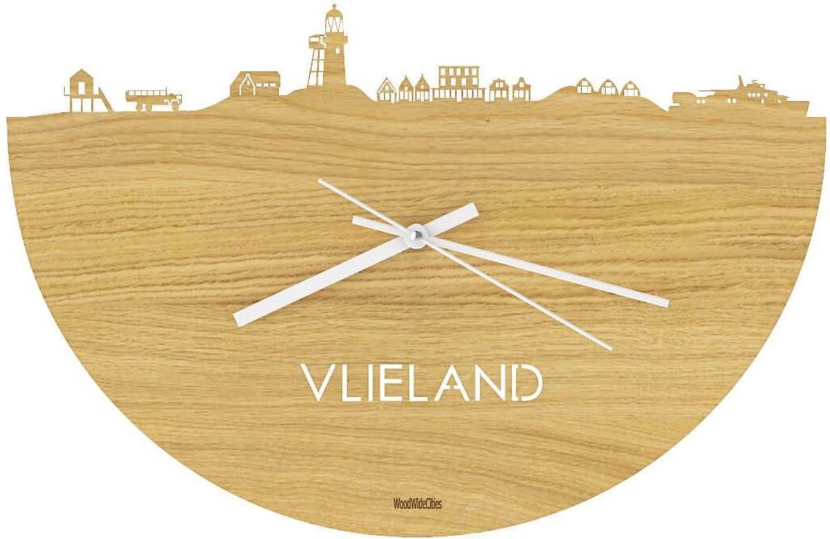 Skyline Klok Vlieland Eikenhout - Ø 40 cm - Stil uurwerk - Wanddecoratie - Meer steden beschikbaar - Woonkamer idee - Woondecoratie - City Art - Steden kunst - Cadeau voor hem - Cadeau voor haar - Jubileum - Trouwerij - Housewarming - WoodWideCities