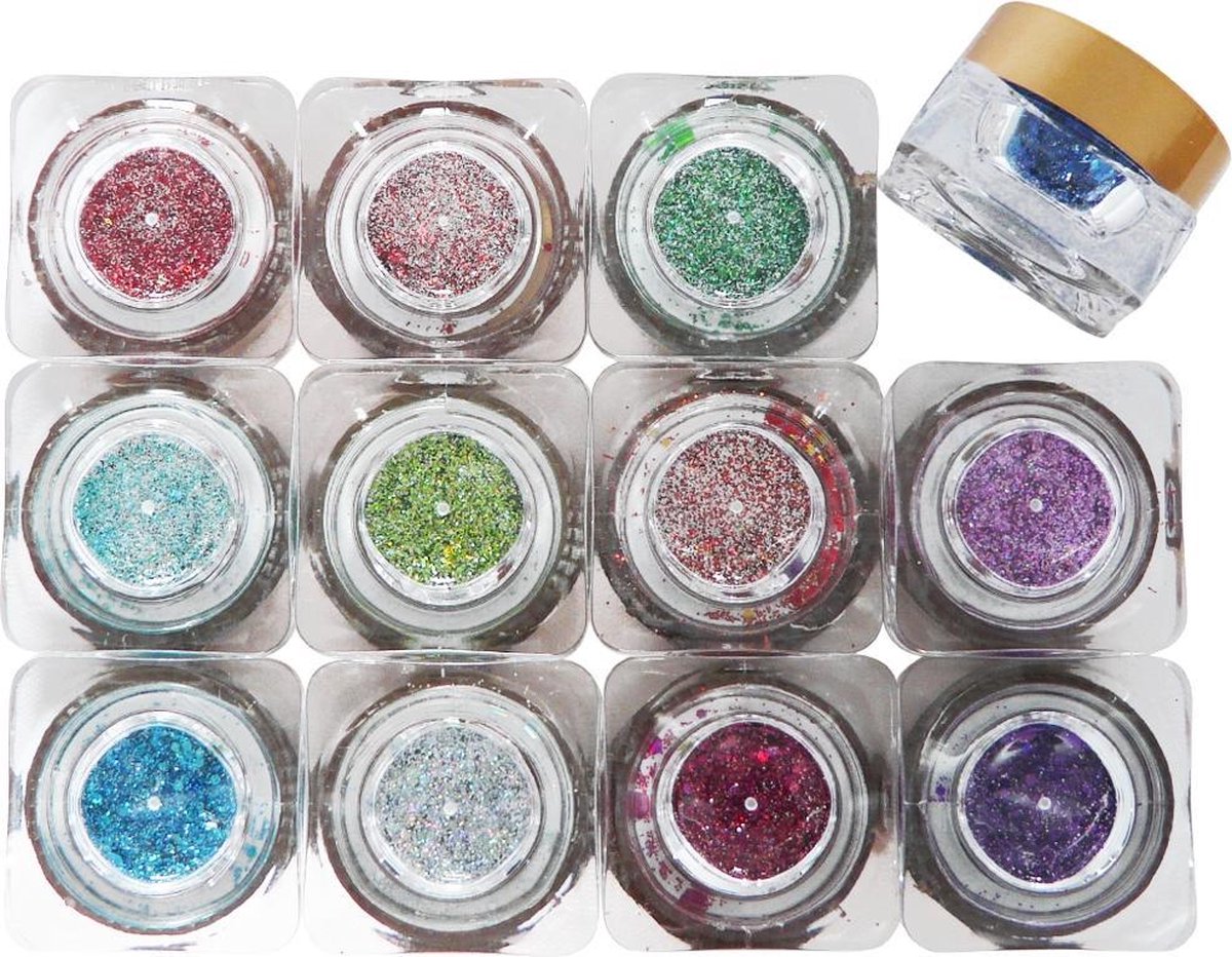 Goedkoopste 12x CHUNKY glitter mix nailart in luxe acryl potjes.