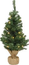 Kleine volle kerstboom in jute zak 45 cm - Kunst kerstbomen / kunstbomen- Met 10 Lampjes - Op Batterijen