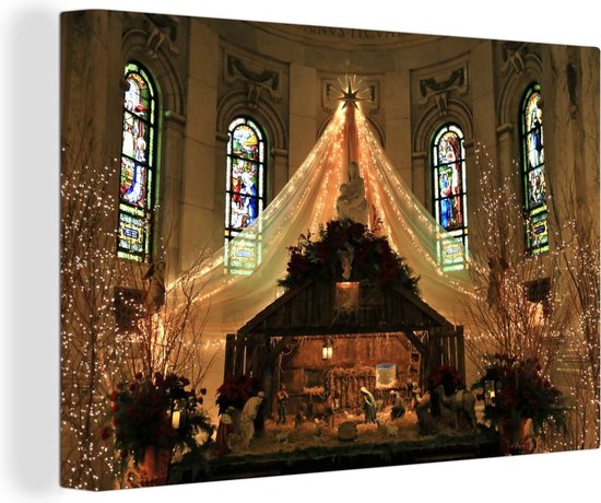 Kerststal in een kerk canvas 2cm 30x20 cm - klein - Foto print op Canvas schilderij (Wanddecoratie woonkamer / slaapkamer)