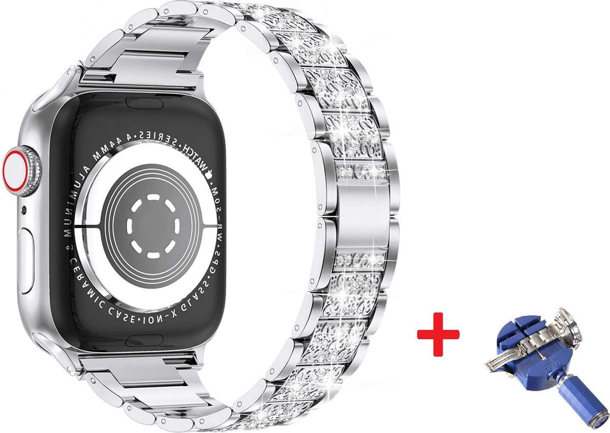 Luxe Metalen Armband Bandje Geschikt Voor Apple Watch Series 1/2/3/4/5/6//7/SE 38/40/41 mm - Geschikt Voor iWatch Schakel Polsband Strap RVS - Met Horlogeband Inkortset  - 3D Diamond Design - Zilver - AA Commerce