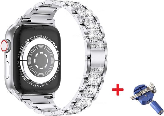 Luxe Metalen Armband Voor Apple Watch Series 1/2/3/4/5/6/SE 38/40 mm Horloge Bandje - iWatch Schakel Polsband Strap RVS - Met Horlogeband Inkortset - Stainless Steel Watch Band - One-Size - 3D Diamond Design - Zilver Kleurig