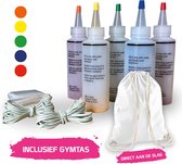 Tie Dye Kit met 5 Kleuren en gymtas - Complete Tie Dye Starterset - Rood, Geel, Groen, Blauw & Oranje - 120 ml - Textielverf - Tie Dye tas - Tie Dye Paint - Batik verf