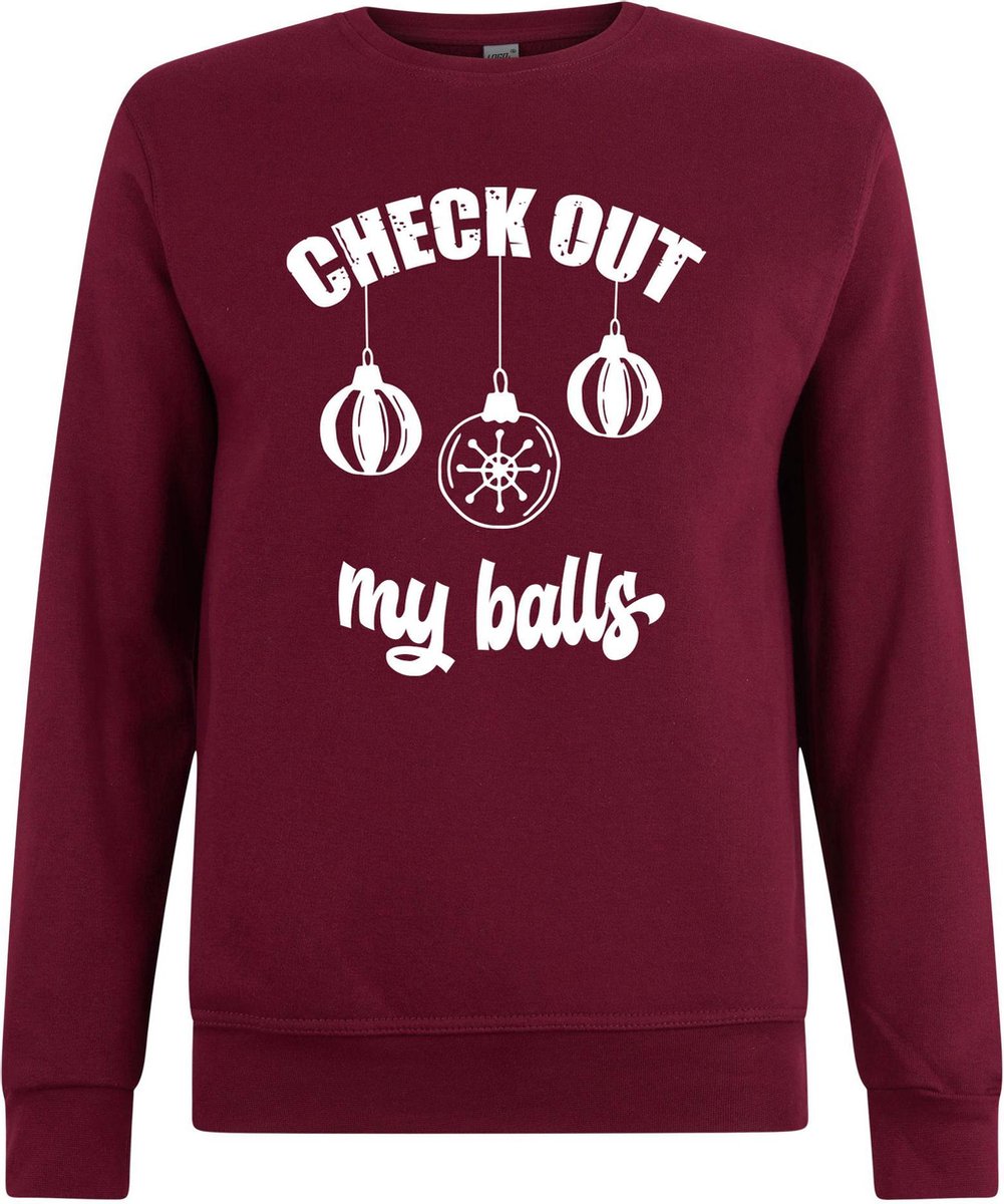 Sweater zonder capuchon - Jumper - Foute Kerst - Kerst Trui - Kerst Sweater - Ronde Hals Sweater - Christmas - Happy Holidays - Maroon - Check Out My Balls - Maat S